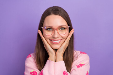 Wall Mural - Photo of dreamy cute lady dressed strawberry print cardigan spectacles arms cheeks isolated purple color background