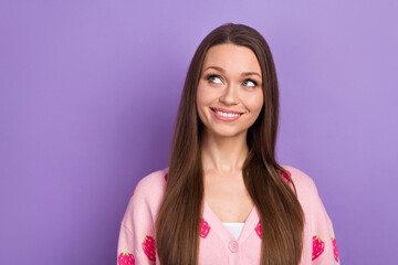 Wall Mural - Portrait of young minded cute girl cheerful good mood satisfied wear strawberry print cardigan look mockup promo isolated on violet color background