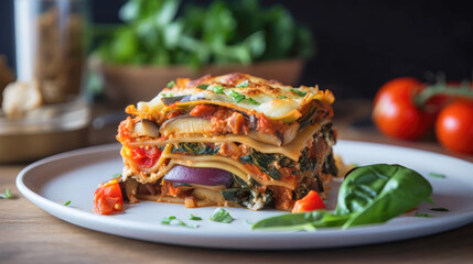 A vegan lasagna with cashew ricotta and roasted vegetables - Generative AI