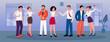 Set of cartoon characters of coworkers raising champagne glasses. Positive colleagues celebrating event together. Having fun at office party. Group of coworkers spending time together. Vector