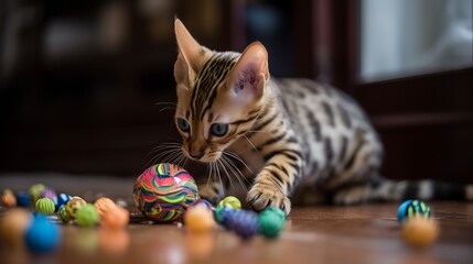 Poster - Gorgeous Bengal Kitten Playing with Toys