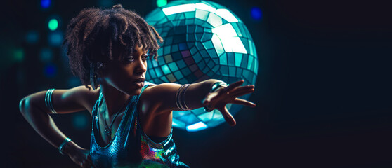 Wall Mural - Beautiful black party girl dance in the dark night club,  a retro 1970s disco ball in the background with copy space, blue and green light, generative ai