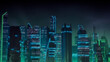 © RocknRoller Studios - Cyberpunk Metropolis with Green and Blue Neon lights. Night scene with Advanced Architecture.