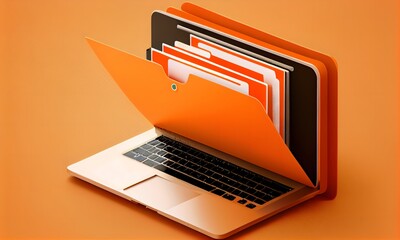 File folder on laptop screen, orange background. Generative AI