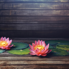 Beautiful pink lotus on old wooden background with copy space. Generative AI