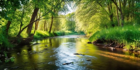 Poster - View of the river flowing through the woods.Colorful summer template. Concept of recreation. Generative AI