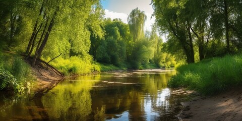 Poster - View of the river flowing through the woods.Colorful summer template. Concept of recreation. Generative AI