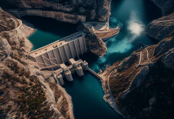 The Cortes La Muela Pumped Stroge Hydropower Plantis the largest Pumped storage power plant of Europe in Spain aerial view. Generative AI