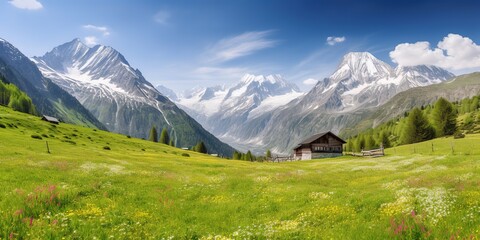Poster - Summer in the mountains, clouds at the level of mountains with a green field.Colorful summer template. Concept of recreation. Generative AI