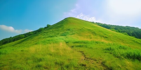 Poster - The mountain elevation is green.Colorful summer template. Concept of recreation. Generative AI