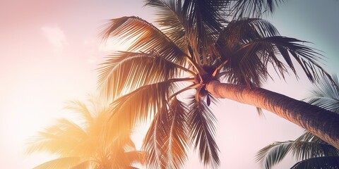 Poster - Summer landscape of palm trees and sky in retro style.Colorful summer template. Concept of recreation. Generative AI
