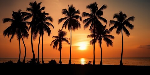 Poster - The silhouette of palm trees at sunset.Colorful summer template. Concept of recreation. Generative AI