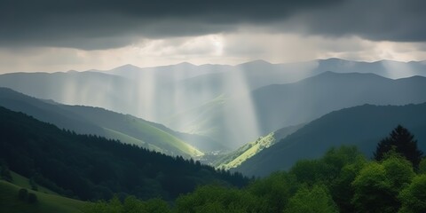 Poster - The mountain elevation is green.Colorful summer template. Concept of recreation. Generative AI