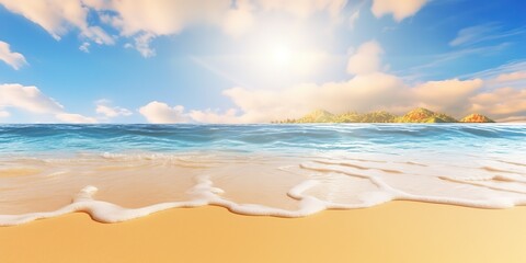 Poster - Summer landscape of a sunny day on the beach with waves from the sea.Colorful summer template. Concept of recreation. Generative AI