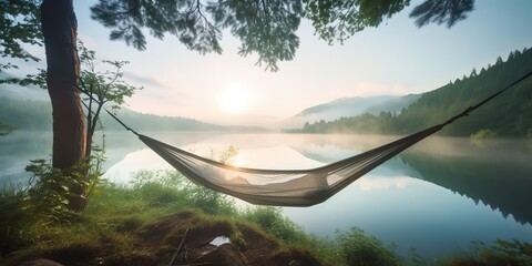 Poster - Summer landscape with a hammock near the river.Colorful summer template. Concept of recreation. Generative AI