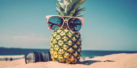 Poster - Fantastic picture of pineapples on the beach with glasses.Colorful summer template. Concept of recreation. Generative AI