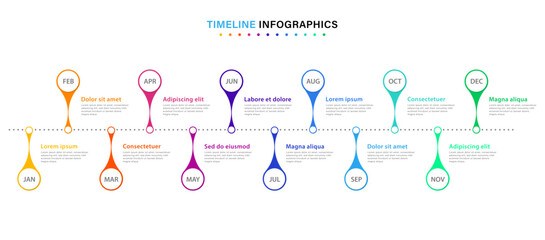 Fototapete - Infographic timeline template for 1 year. Business infographic timeline design with 12 steps or options. Can be used for workflows, calendar layouts, diagrams, presentations. Vector illustration
