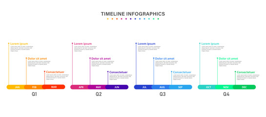 Wall Mural - Infographic timeline template for 1 year. Business infographic timeline design with 12 steps or options. Can be used for workflows, calendar layouts, diagrams, presentations. Vector illustration