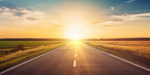 Poster - The road to sunset.Colorful summer template. Concept of recreation. Generative AI
