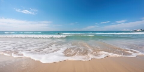 Poster - Summer landscape of a sunny day on the beach with waves from the sea.Colorful summer template. Concept of recreation. Generative AI