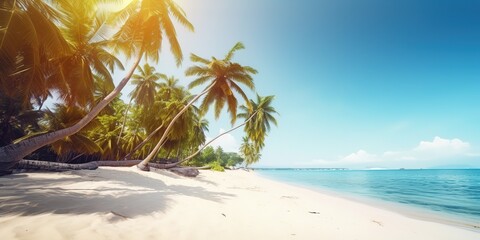 Poster - Summer landscape of a sunny day on the beach with waves from the sea.Colorful summer template. Concept of recreation. Generative AI