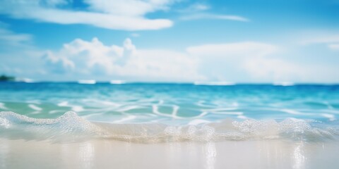 Canvas Print - Summer landscape of a sunny day on the beach with waves from the sea.Colorful summer template. Concept of recreation. Generative AI