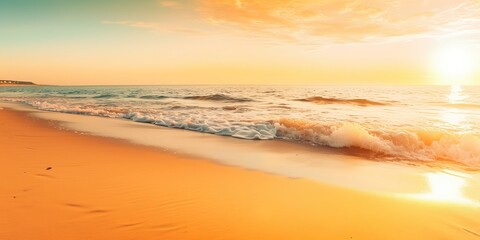 Canvas Print - Summer landscape of a sunny day on the beach with waves from the sea.Colorful summer template. Concept of recreation. Generative AI