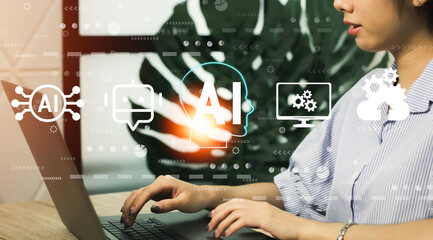 Fototapete - AI learning and business artificial intelligence, modern , transformation of ideas and the adoption of technology in business in the digital age, businesswoman working on laptop.