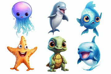 Sticker - Safari Animal set sea fish, turtle, whale, jellyfish, starfish, dolphin in 3d style. Isolated. Generative AI