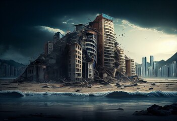 Conceptual natural disaster city destroyed by tsunami. Generative AI