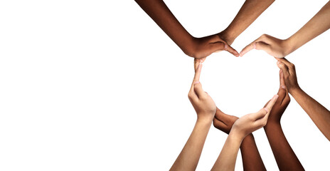 Unity and diversity are at the heart of a diverse group of people connected together as a supportive symbol that represents a sense of teamwork and togetherness. Symbol and shape created from hands.