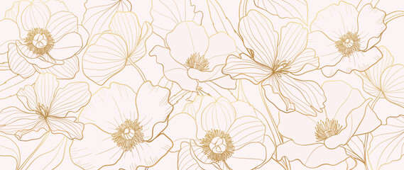 Luxury gold poppy flower line art background vector. Natural botanical elegant flower with gold line art. Design illustration for decoration, wall decor, wallpaper, cover, banner, poster, card.