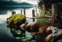 Lake Edge With Wooden Barrier And Aquatic Plants. Generative AI