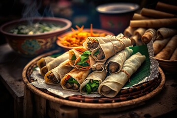 Poster - Vegetables and meat in rice paper.Street food. Generative AI