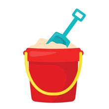 Sand In Red Bucket With Shovel Icon Vector Illustration For Summer Kid Toys And Game