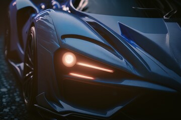 Poster - The included headlights of a blue modern car are close.Futuristic innovative car. Generative AI