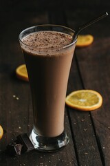 Wall Mural - Closeup shot of a tall glass cup of chocolate milkshake with a metal straw on a wooden surface