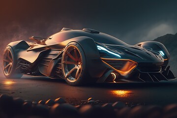 Poster - A modern black car is parked on the street.Futuristic innovative car. Generative AI