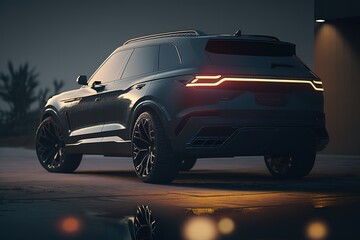 Poster - A modern black car is parked on the street.Futuristic innovative car. Generative AI