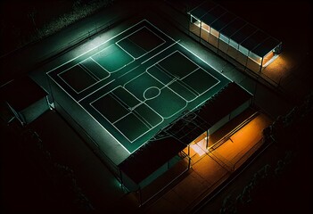 Illuminated soccer field with empty pitch at night and a green futsal training court. Generative AI