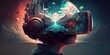 VR headset, double exposure, metaverse, futuristic virtual world, state of consciousness, technology, Generative AI technology.