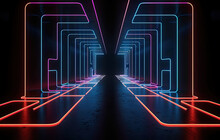 Futuristic Neon Space Corridor In Black Ground. Created With Generative AI Technology.