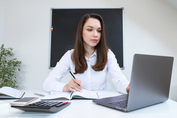 Wall Mural - Portrait of a young woman working at her laptop in the office