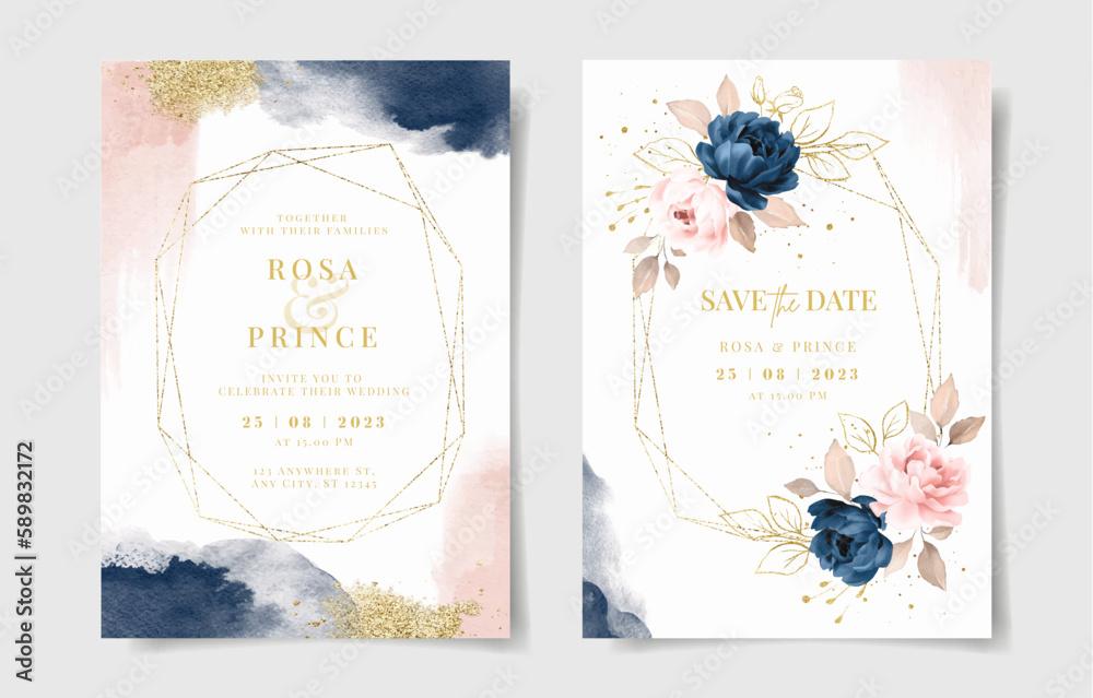 Set of watercolor wedding invitation card template with navy and pink ...