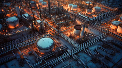 A stunning aerial view of a petrol industrial zone, highlighting the complex geometric patterns of pipelines and storage tanks