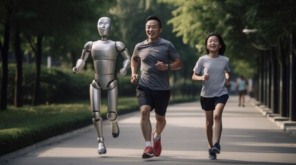 A father and his child enjoy jogging at a beautiful public park with thier humanoid robot. Artificial intelligence becomes sentient and conscious. Human and AI coexistence concept. Generative AI