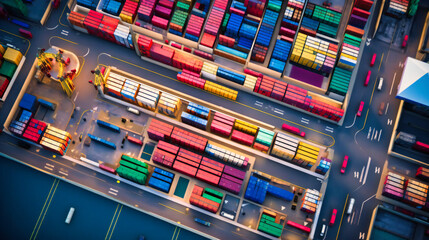 Wall Mural - A captivating top-down perspective of a container truck maneuvering through a complex arrangement of shipping containers.