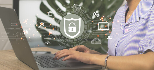Poster - Shield cyber Key lock security system abstract technology world digital link cyber security on hi tech. Businesswoman  room background