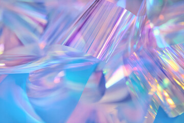 Poster - Close-up of ethereal pastel neon blue, purple, pink, mint holographic metallic foil background. Abstract modern curved soft focused, blurred, surreal futuristic disco, rave, dreamlike backdrop