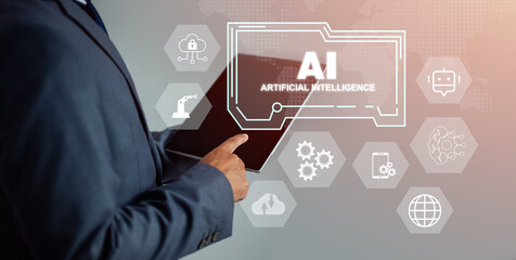 Poster - Digital transformation technology strategy, IoT, internet of things. Businessman using tablet with AI and Digital Icons. Ai machine learning technology.